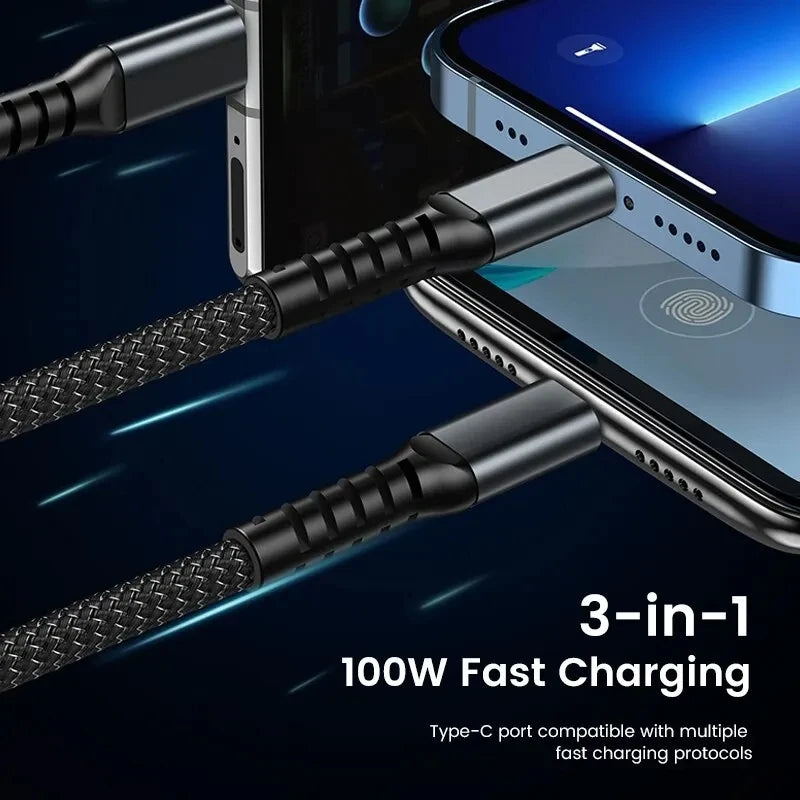 Cabo USB Carregador Super Rápido 3-em-1 100W para Iphone,Samsung e Xiaomi