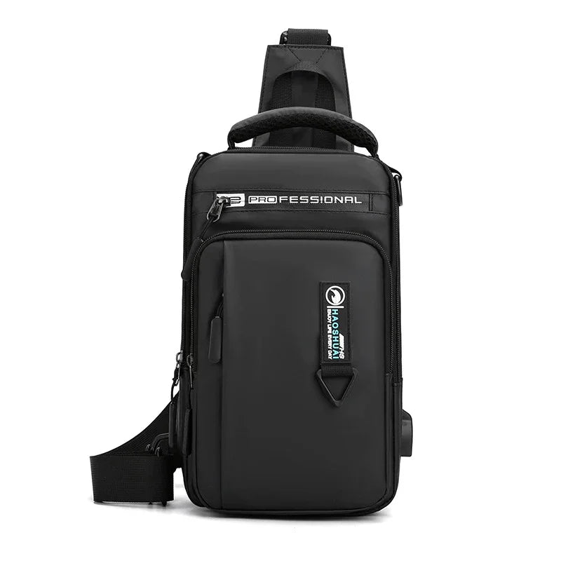 Mochila masculina transversal de ombro, pequena, com porta de carregamento USB
