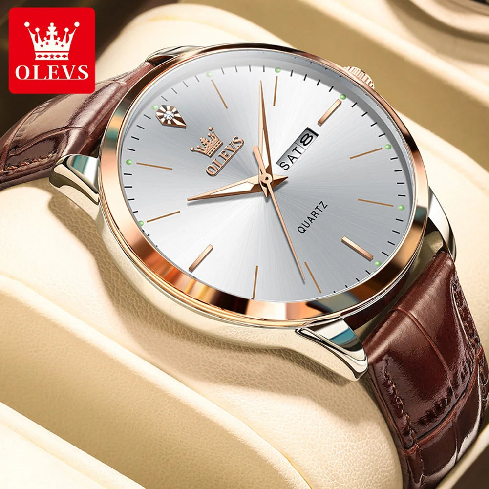 Relógio de pulso OLEVS Fashion Business com pulseira de couro, calendário da semana, luminoso, à prova d'água e mostrador de 43 mm