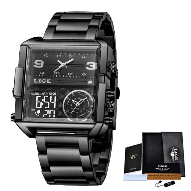 Relógio de Pulso Lige Fashion, de Aço, Digital com Mostrador Duplo, À Prova D'água, Quartzo