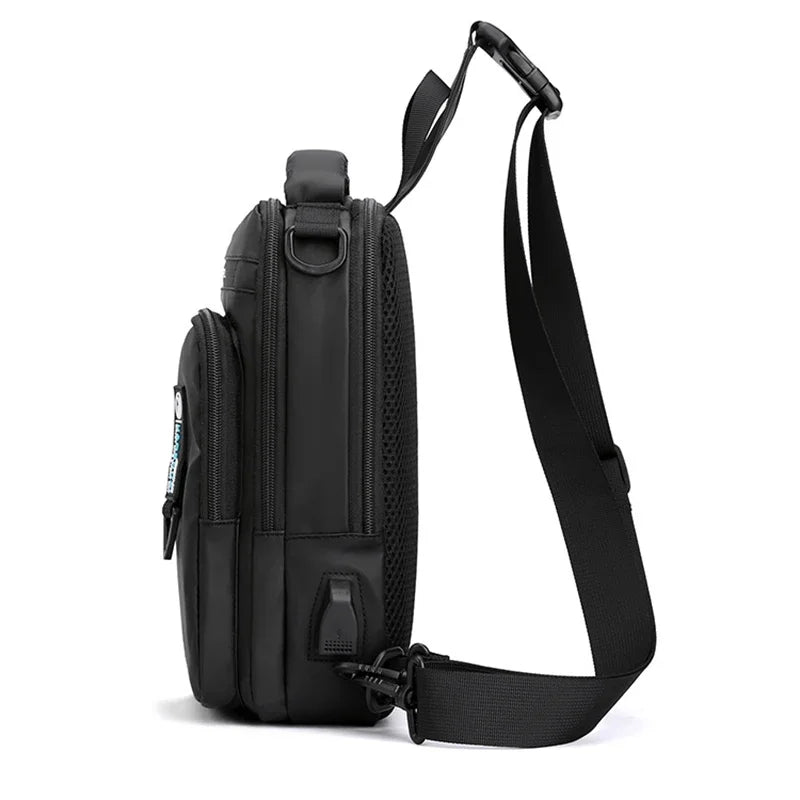 Mochila masculina transversal de ombro, pequena, com porta de carregamento USB
