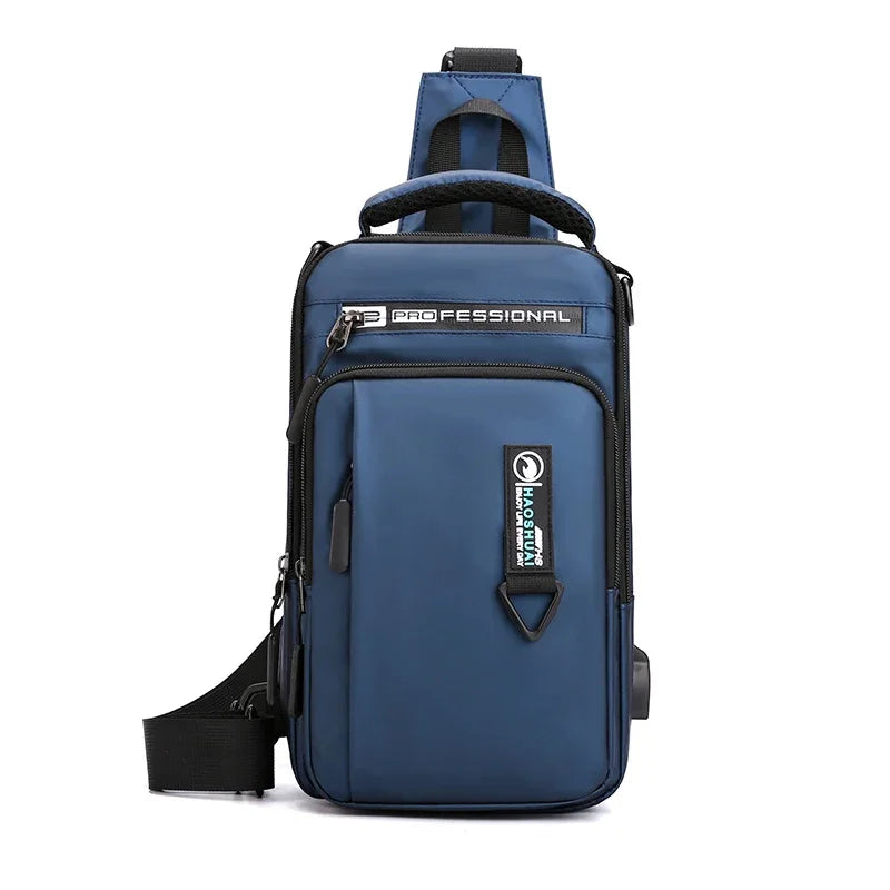 Mochila masculina transversal de ombro, pequena, com porta de carregamento USB