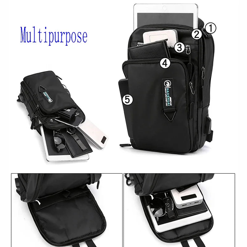 Mochila masculina transversal de ombro, pequena, com porta de carregamento USB