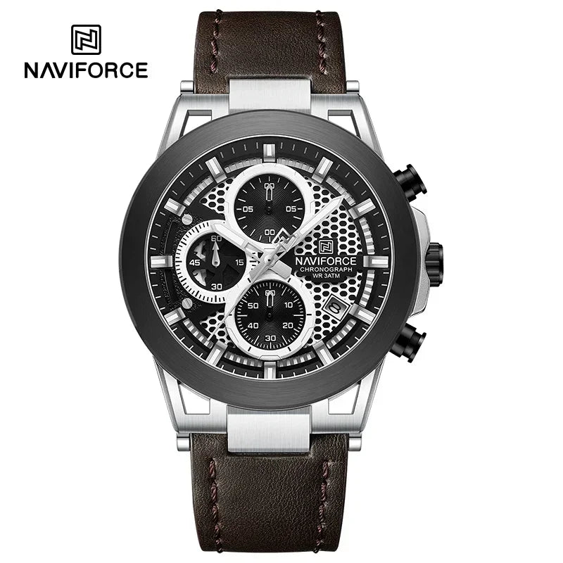 Relógio de pulso de luxo masculino NAVIFORCE à prova d'água, luminoso, quartzo, cronógrafo e pulseira de couro