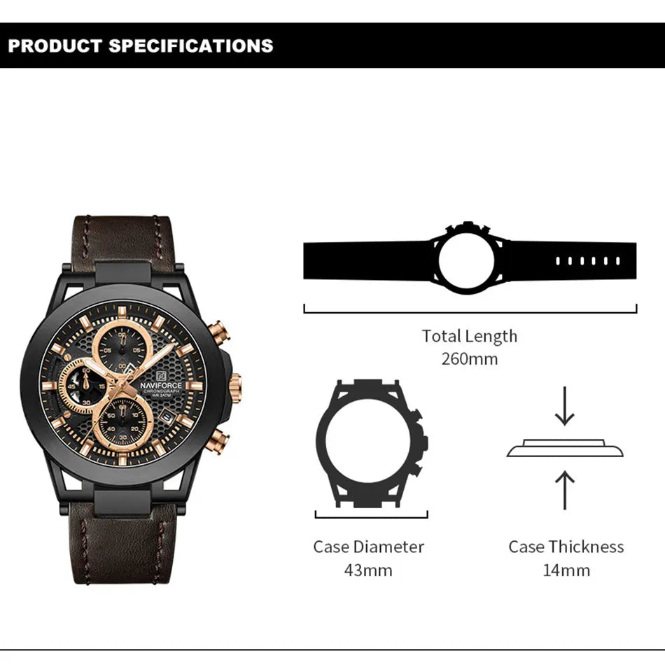 Relógio de pulso de luxo masculino NAVIFORCE à prova d'água, luminoso, quartzo, cronógrafo e pulseira de couro