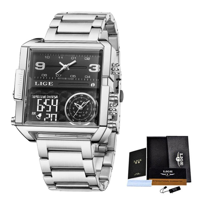Relógio de Pulso Lige Fashion, de Aço, Digital com Mostrador Duplo, À Prova D'água, Quartzo