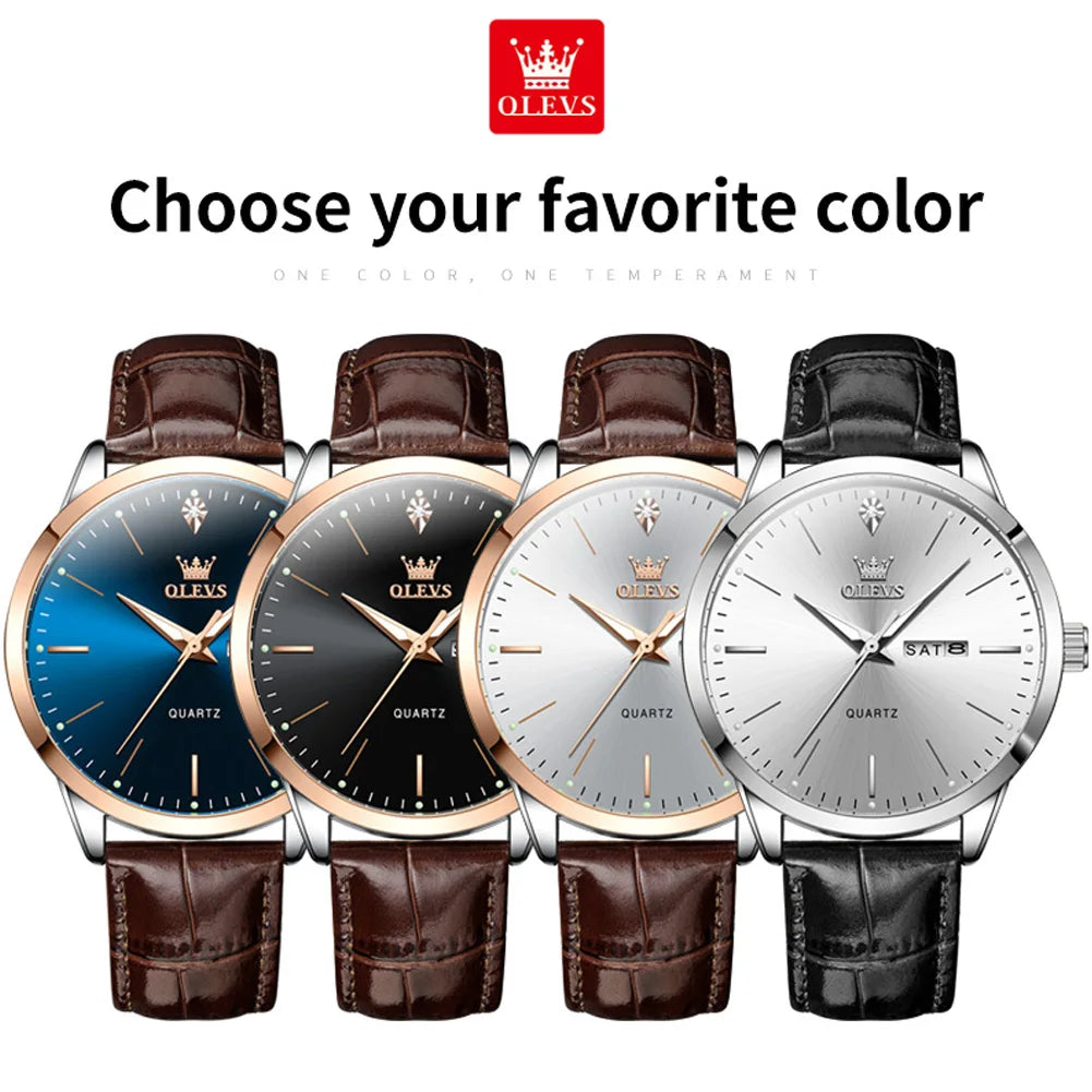 Relógio de pulso OLEVS Fashion Business com pulseira de couro, calendário da semana, luminoso, à prova d'água e mostrador de 43 mm