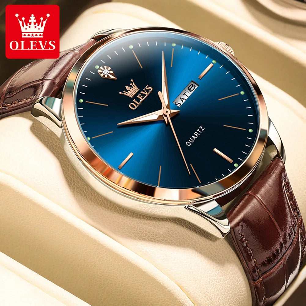 Relógio de pulso OLEVS Fashion Business com pulseira de couro, calendário da semana, luminoso, à prova d'água e mostrador de 43 mm