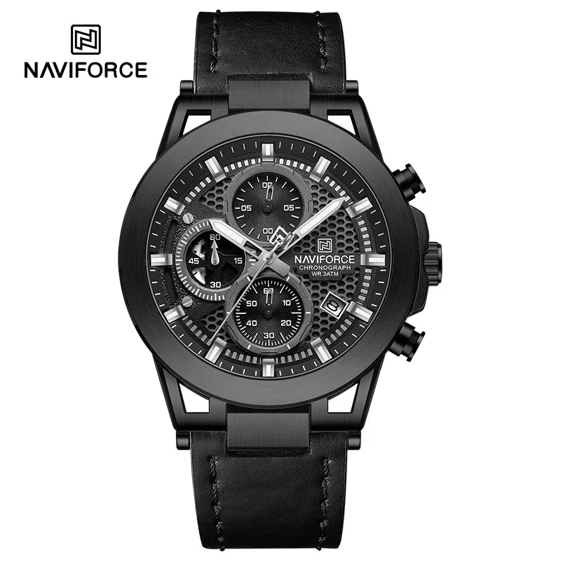 Relógio de pulso de luxo masculino NAVIFORCE à prova d'água, luminoso, quartzo, cronógrafo e pulseira de couro