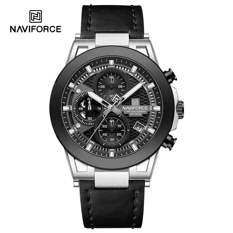 Relógio de pulso de luxo masculino NAVIFORCE à prova d'água, luminoso, quartzo, cronógrafo e pulseira de couro