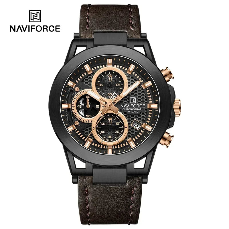Relógio de pulso de luxo masculino NAVIFORCE à prova d'água, luminoso, quartzo, cronógrafo e pulseira de couro