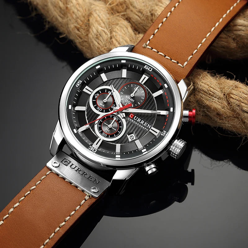 Relógio de pulso Premium Curren masculino, de couro esportivo, quartzo e cronógrafo.