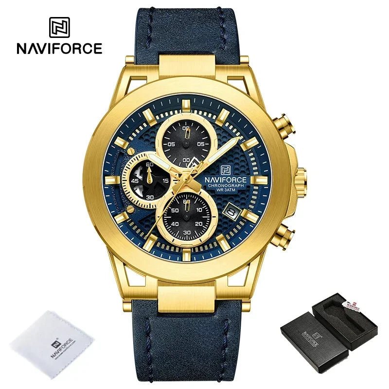 Relógio de pulso de luxo masculino NAVIFORCE à prova d'água, luminoso, quartzo, cronógrafo e pulseira de couro