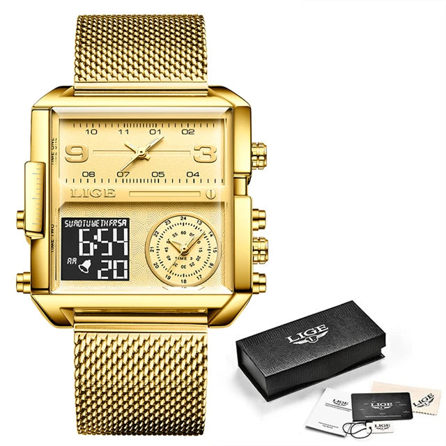Relógio de Pulso Lige Fashion, de Aço, Digital com Mostrador Duplo, À Prova D'água, Quartzo