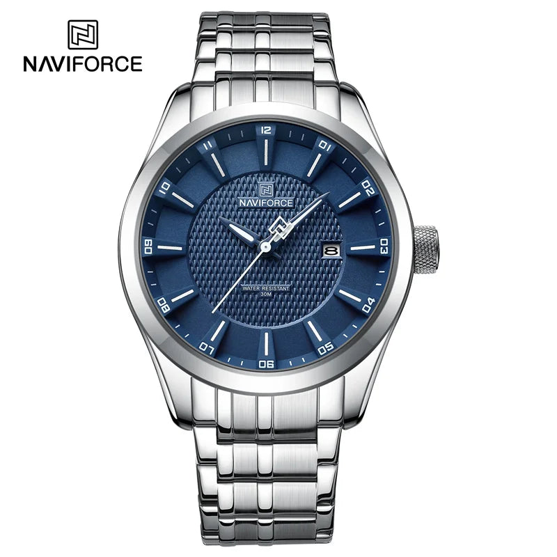 Relógio de pulso masculino NAVIFORCE, à prova d'água, quartzo, pulseira de aço inoxidável e data