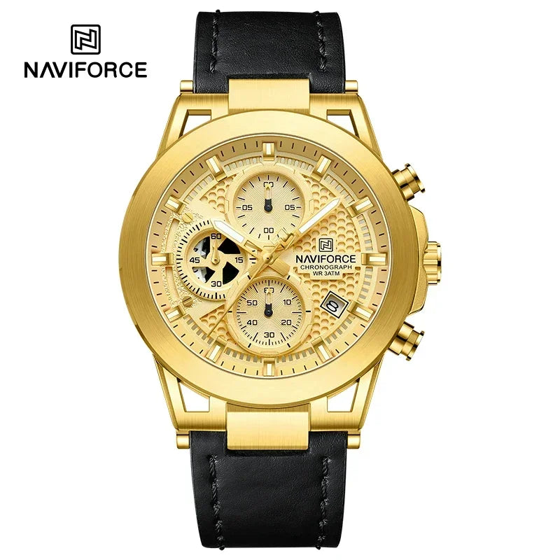 Relógio de pulso de luxo masculino NAVIFORCE à prova d'água, luminoso, quartzo, cronógrafo e pulseira de couro