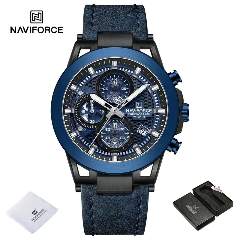 Relógio de pulso de luxo masculino NAVIFORCE à prova d'água, luminoso, quartzo, cronógrafo e pulseira de couro