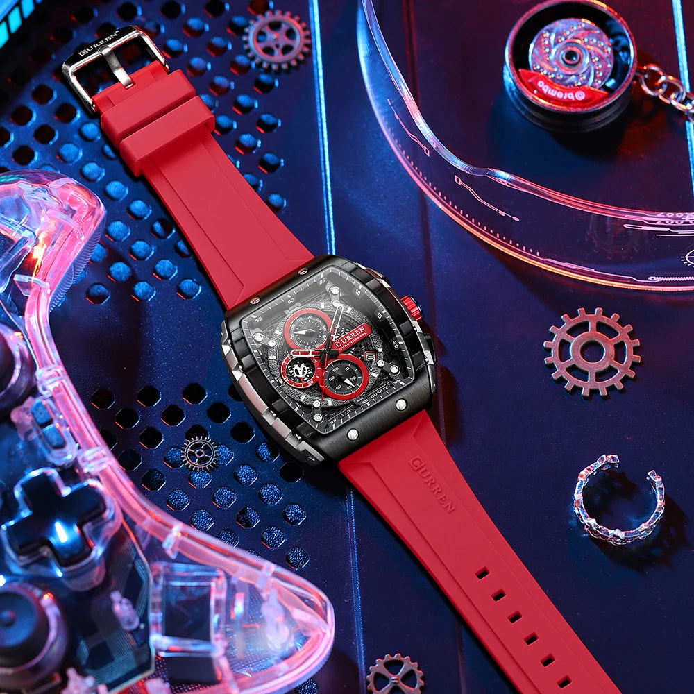 Relógios de Pulso CURREN esportivo com mostrador grande, pulseiras de silicone, quartzo e com data automática
