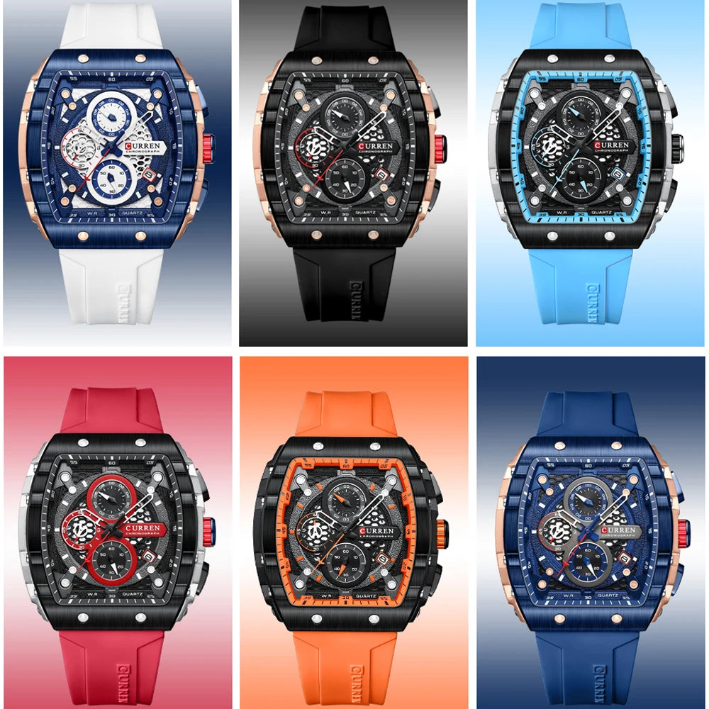 Relógios de Pulso CURREN esportivo com mostrador grande, pulseiras de silicone, quartzo e com data automática