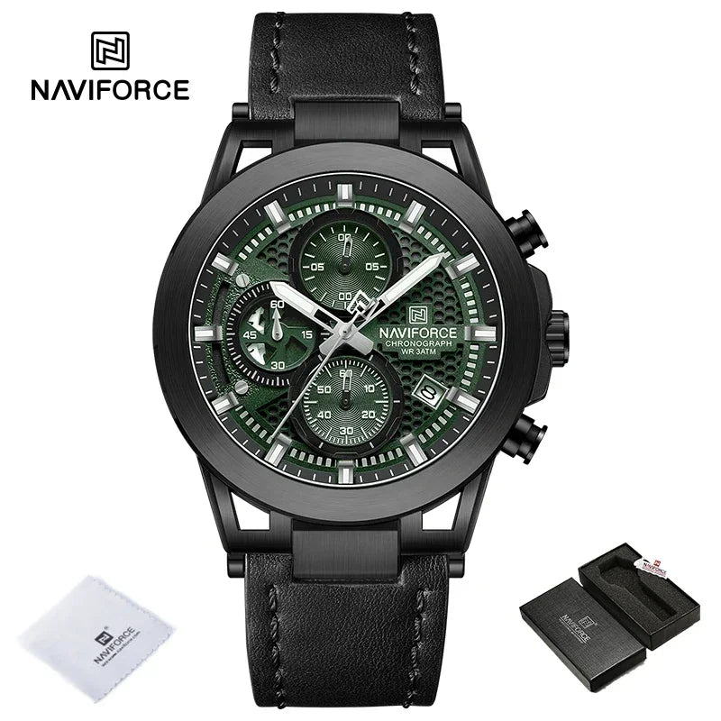 Relógio de pulso de luxo masculino NAVIFORCE à prova d'água, luminoso, quartzo, cronógrafo e pulseira de couro