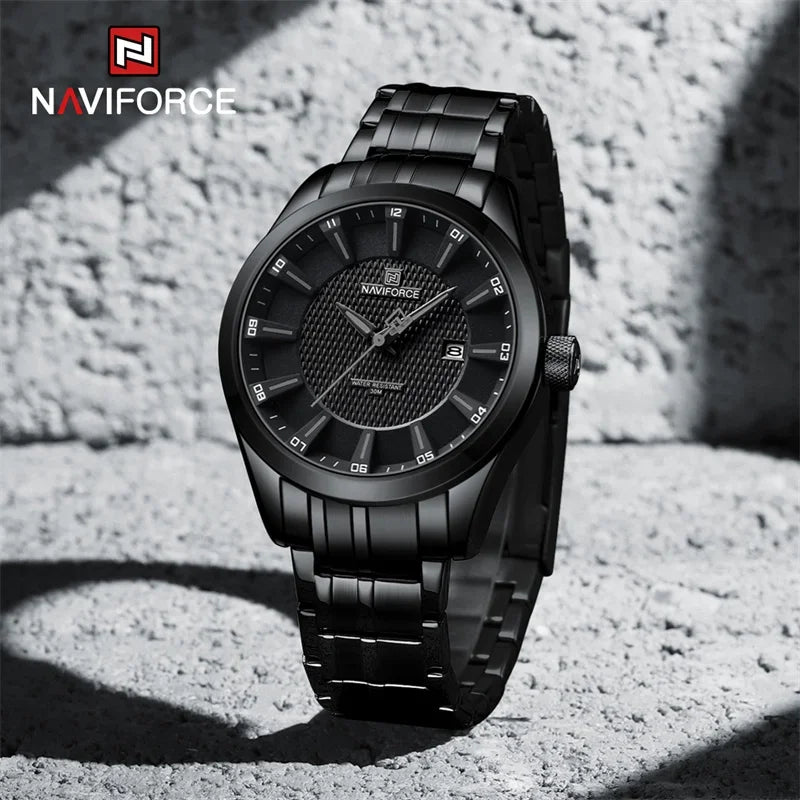 Relógio de pulso masculino NAVIFORCE, à prova d'água, quartzo, pulseira de aço inoxidável e data