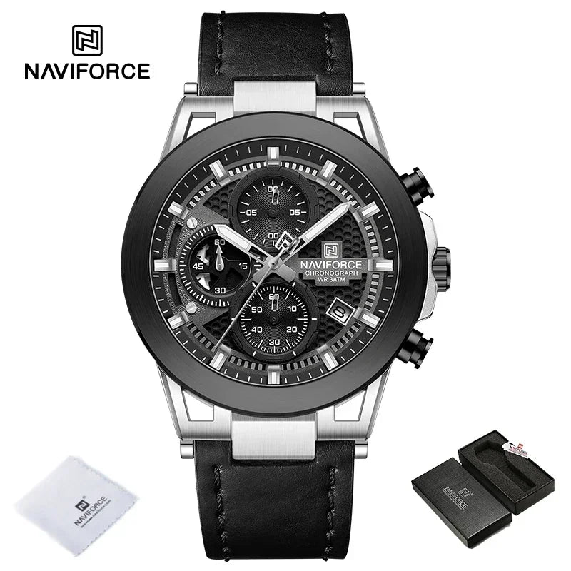 Relógio de pulso de luxo masculino NAVIFORCE à prova d'água, luminoso, quartzo, cronógrafo e pulseira de couro