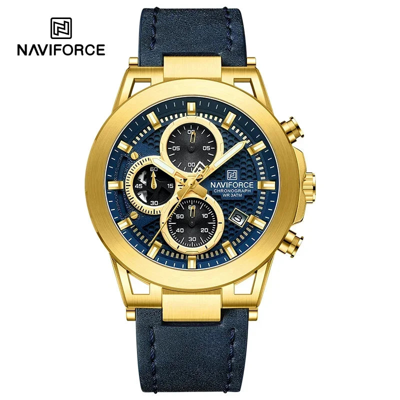 Relógio de pulso de luxo masculino NAVIFORCE à prova d'água, luminoso, quartzo, cronógrafo e pulseira de couro