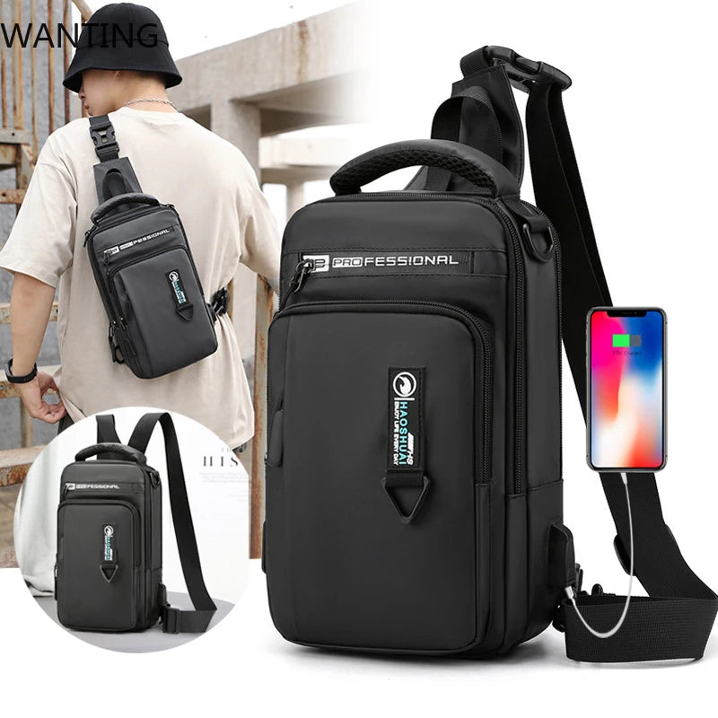 Mochila masculina transversal de ombro, pequena, com porta de carregamento USB