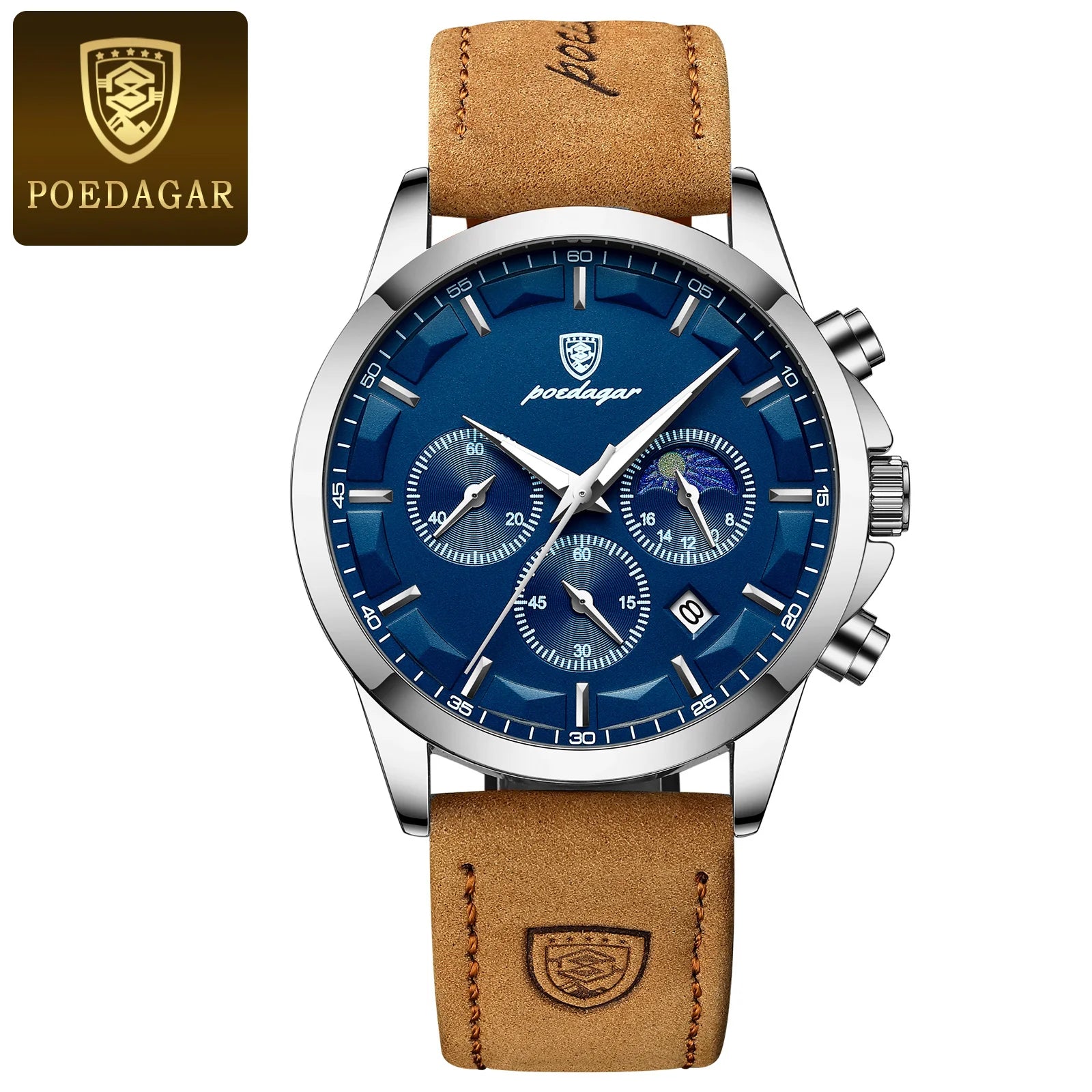 Relógio de pulso masculino POEDAGAR de luxo, quartzo, à prova d'água, cronógrafo, luminoso, data, com pulseira de couro