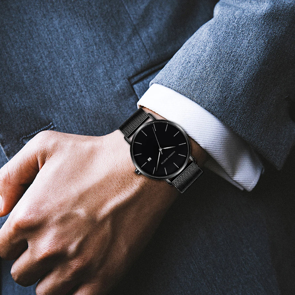 Relógio de pulso masculino clássico Bauhaus, à prova d'água, aço inoxidável, moderno, calendário empresarial, ultrafino