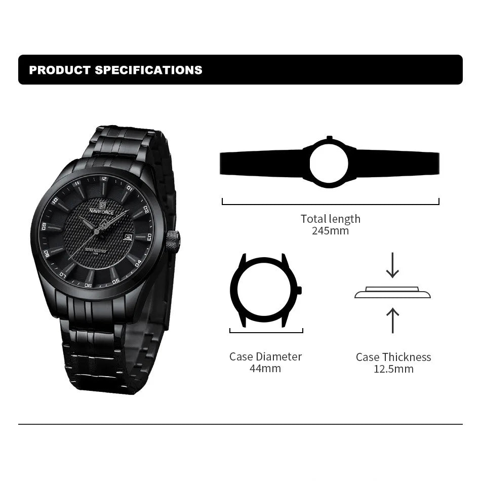 Relógio de pulso masculino NAVIFORCE, à prova d'água, quartzo, pulseira de aço inoxidável e data