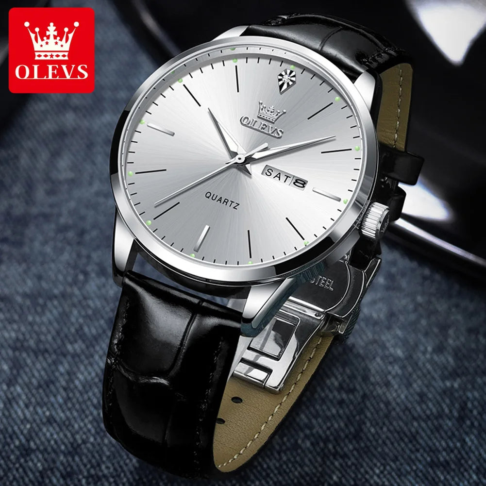 Relógio de pulso OLEVS Fashion Business com pulseira de couro, calendário da semana, luminoso, à prova d'água e mostrador de 43 mm