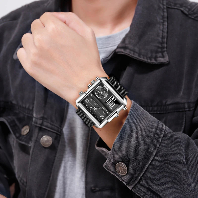 Relógio de Pulso Lige Fashion, de Aço, Digital com Mostrador Duplo, À Prova D'água, Quartzo