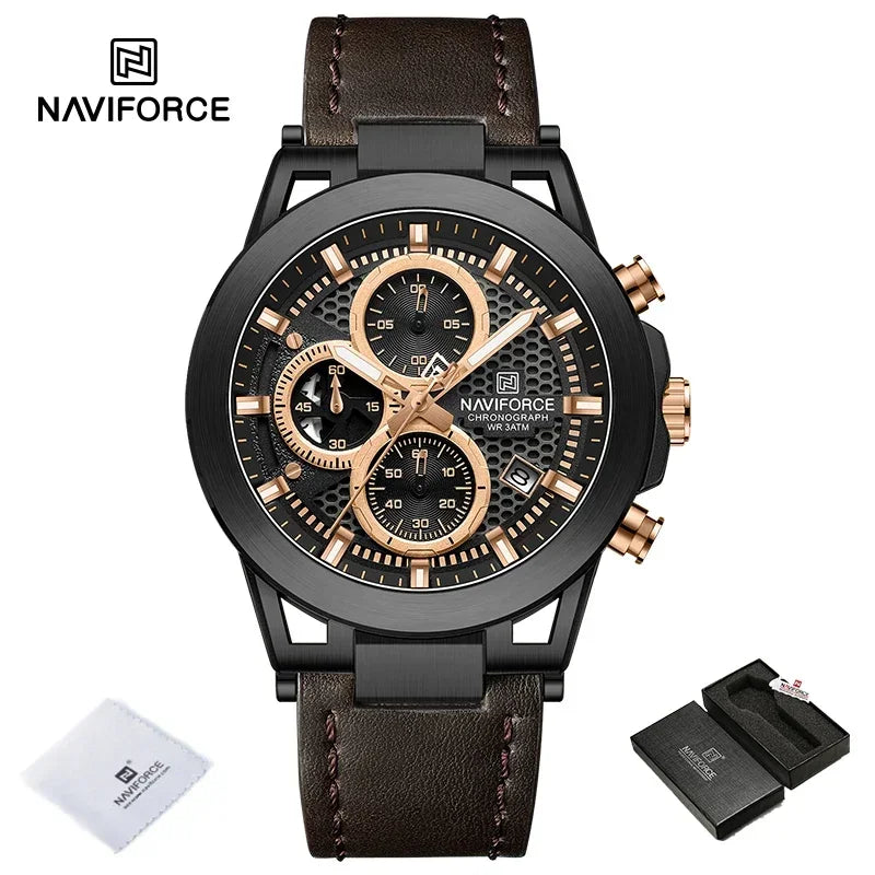 Relógio de pulso de luxo masculino NAVIFORCE à prova d'água, luminoso, quartzo, cronógrafo e pulseira de couro
