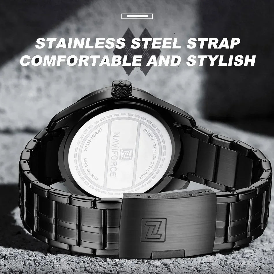 Relógio de pulso masculino NAVIFORCE, à prova d'água, quartzo, pulseira de aço inoxidável e data