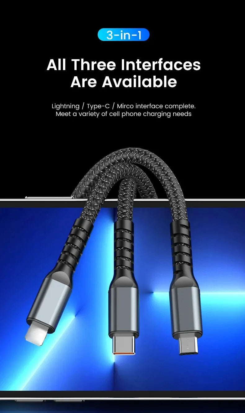 Cabo USB Carregador Super Rápido 3-em-1 100W para Iphone,Samsung e Xiaomi