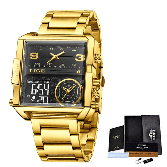 Relógio de Pulso Lige Fashion, de Aço, Digital com Mostrador Duplo, À Prova D'água, Quartzo