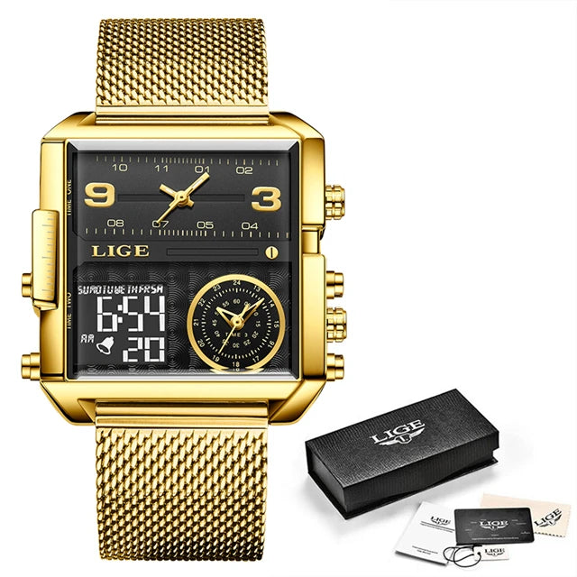Relógio de Pulso Lige Fashion, de Aço, Digital com Mostrador Duplo, À Prova D'água, Quartzo