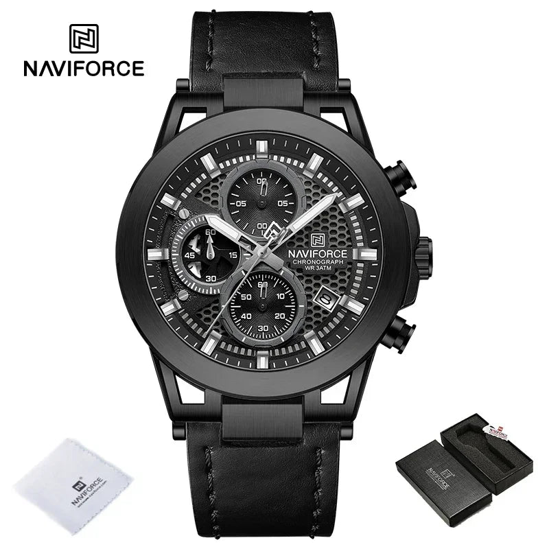Relógio de pulso de luxo masculino NAVIFORCE à prova d'água, luminoso, quartzo, cronógrafo e pulseira de couro