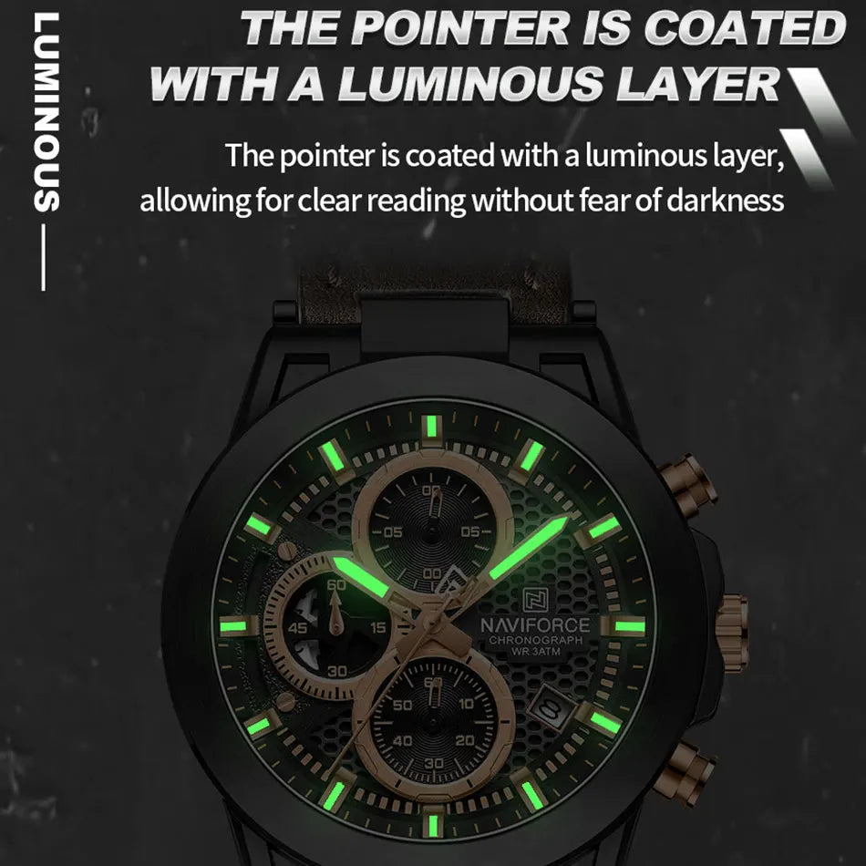 Relógio de pulso de luxo masculino NAVIFORCE à prova d'água, luminoso, quartzo, cronógrafo e pulseira de couro