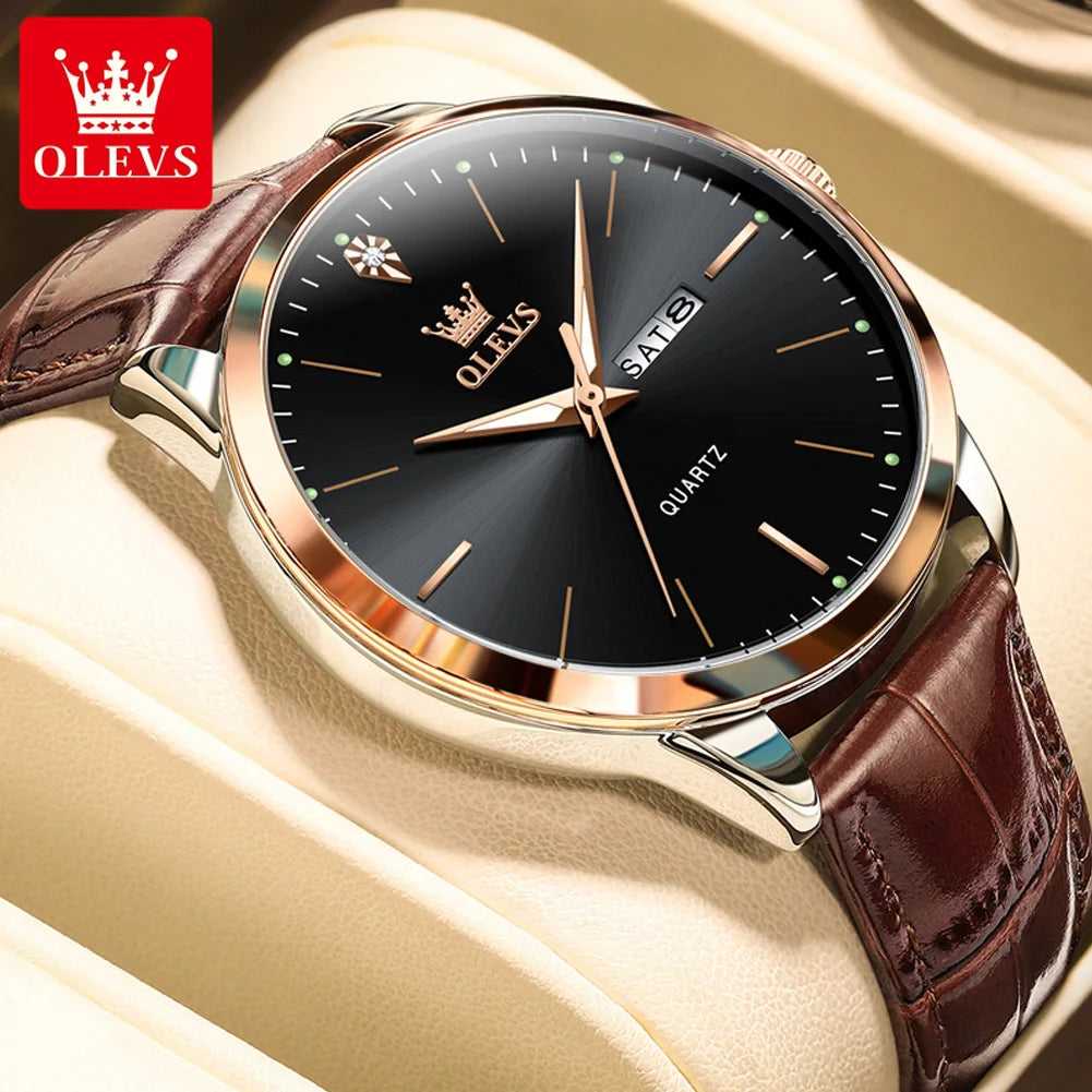 Relógio de pulso OLEVS Fashion Business com pulseira de couro, calendário da semana, luminoso, à prova d'água e mostrador de 43 mm