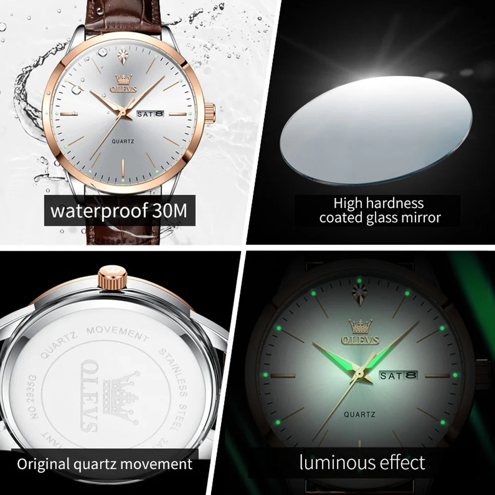 Relógio de pulso OLEVS Fashion Business com pulseira de couro, calendário da semana, luminoso, à prova d'água e mostrador de 43 mm