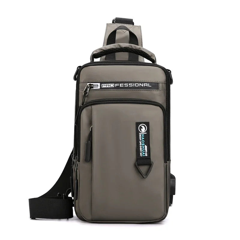 Mochila masculina transversal de ombro, pequena, com porta de carregamento USB