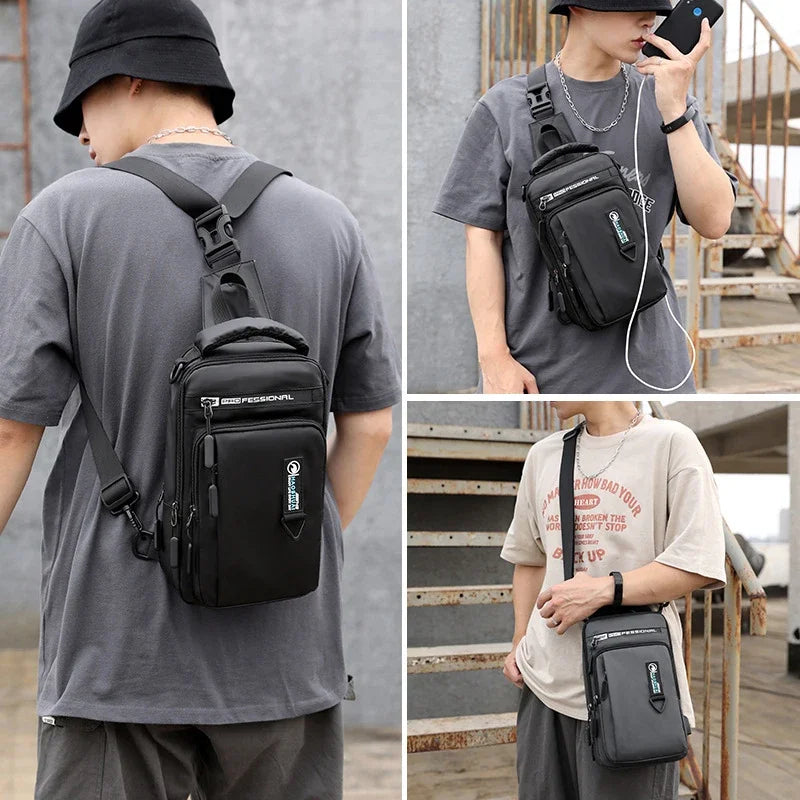 Mochila masculina transversal de ombro, pequena, com porta de carregamento USB