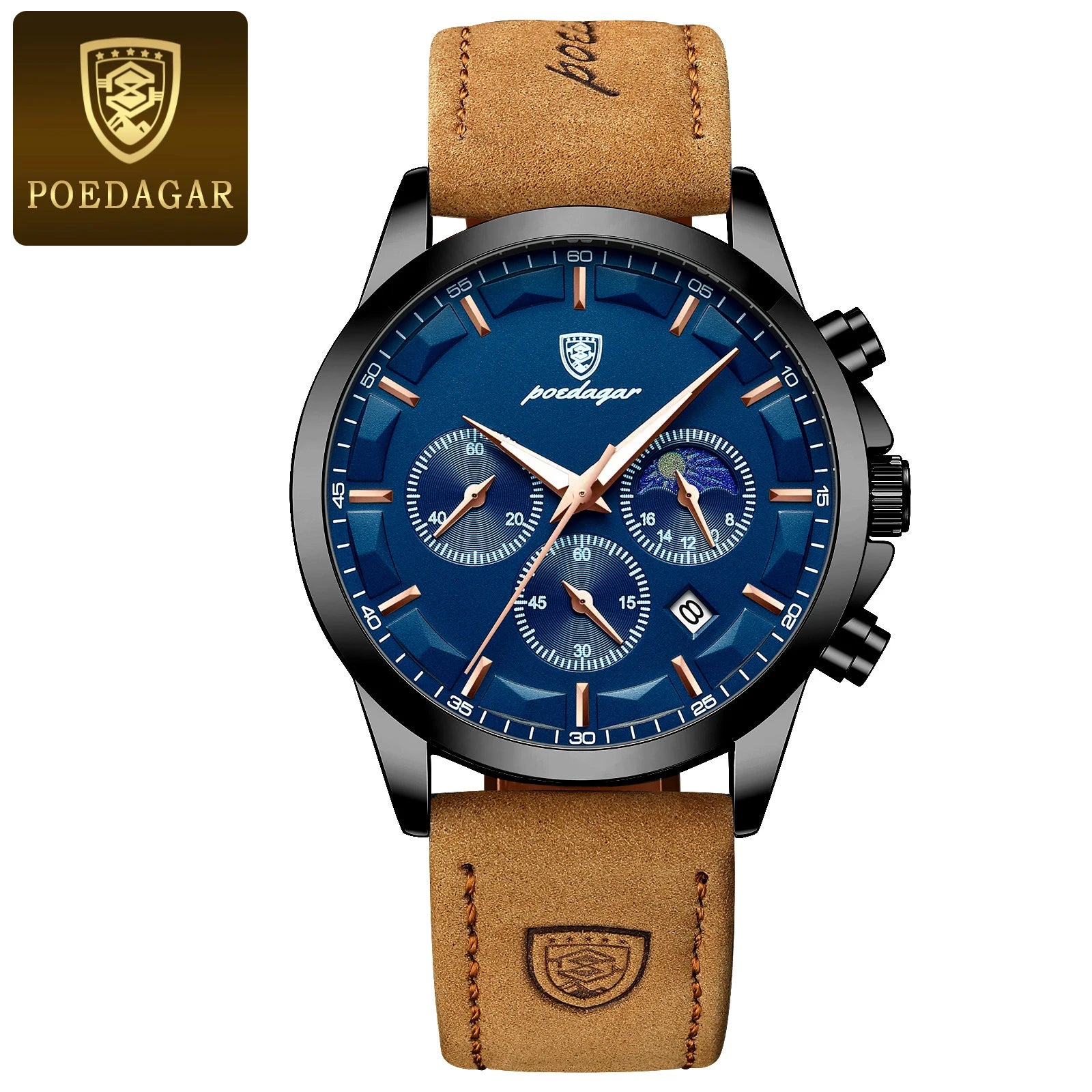 Relógio de pulso masculino POEDAGAR de luxo, quartzo, à prova d'água, cronógrafo, luminoso, data, com pulseira de couro