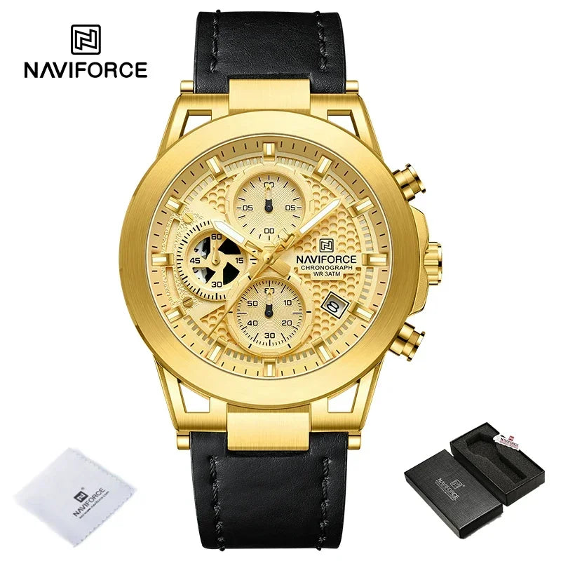 Relógio de pulso de luxo masculino NAVIFORCE à prova d'água, luminoso, quartzo, cronógrafo e pulseira de couro