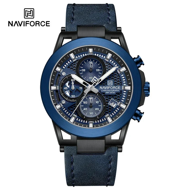Relógio de pulso de luxo masculino NAVIFORCE à prova d'água, luminoso, quartzo, cronógrafo e pulseira de couro