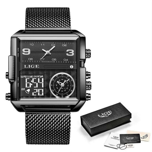 Relógio de Pulso Lige Fashion, de Aço, Digital com Mostrador Duplo, À Prova D'água, Quartzo